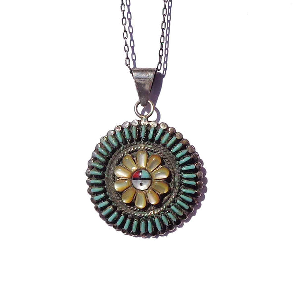 Vintage Zuni Sunface Needlepoint Turquoise Pendant Necklace