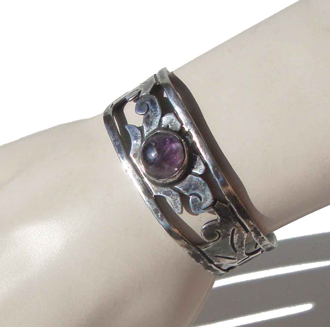Vintage 40s Mexican Silver & Amethyst Cuff Bracelet