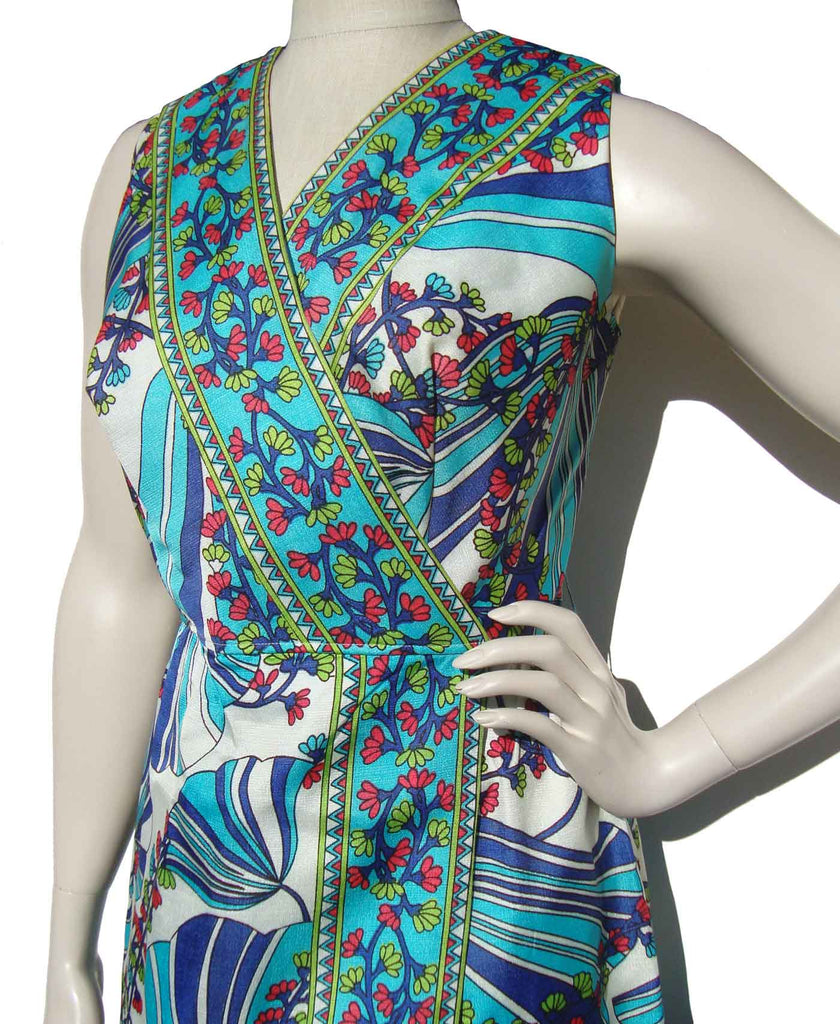 Vintage 60s Maxi Dress Pop Art Blue & Turquoise Floral Border Print L Metro Retro Vintage Vintage 60s Maxi Dress Pop Art Blue & Turquoise Floral Border Print L Metro Retro Vintage