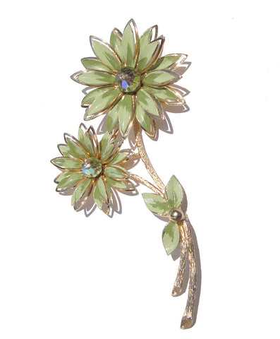 Vintage 60s Coro Flower Brooch Green Enamel & Crystal Pin 4.75 Inches