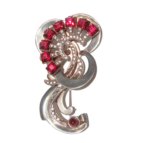 Vintage 40s Red Rhinestone Sterling Silver Deco Cocktail Brooch