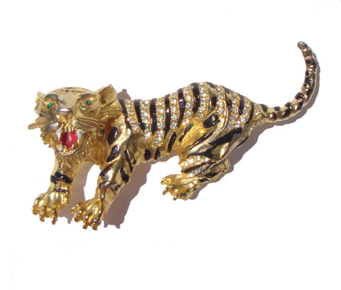 Vintage Tiger Brooch Enamel & Rhinestone Animal Pin