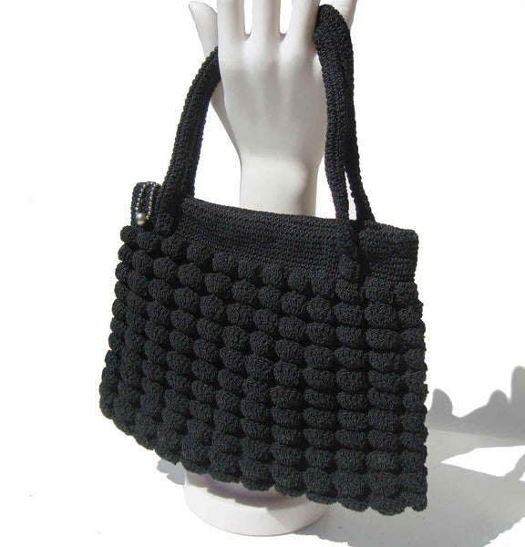 Vintage Corde Handbag Black Popcorn Art Deco Bag Purse