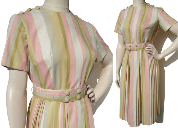 Vintage 60s Pleated Dress Pink Striped Shirtwaist Novelty Buttons M