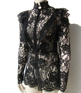 Vintage 70s Black Lace Jacket Blouse Victorian Revival Goth Roses S / M