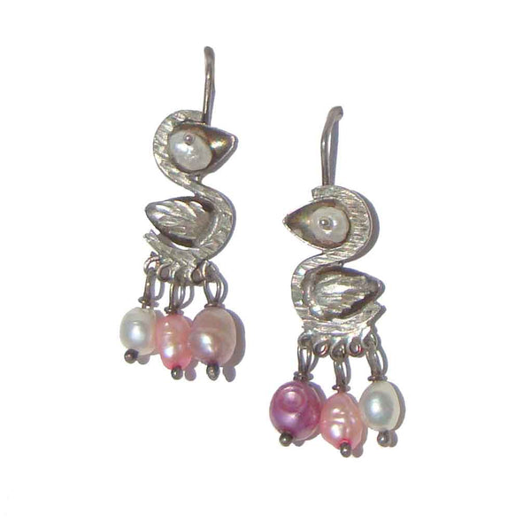 Vintage Sterling Silver Bird & Freshwater Pastel Pearls Earrings