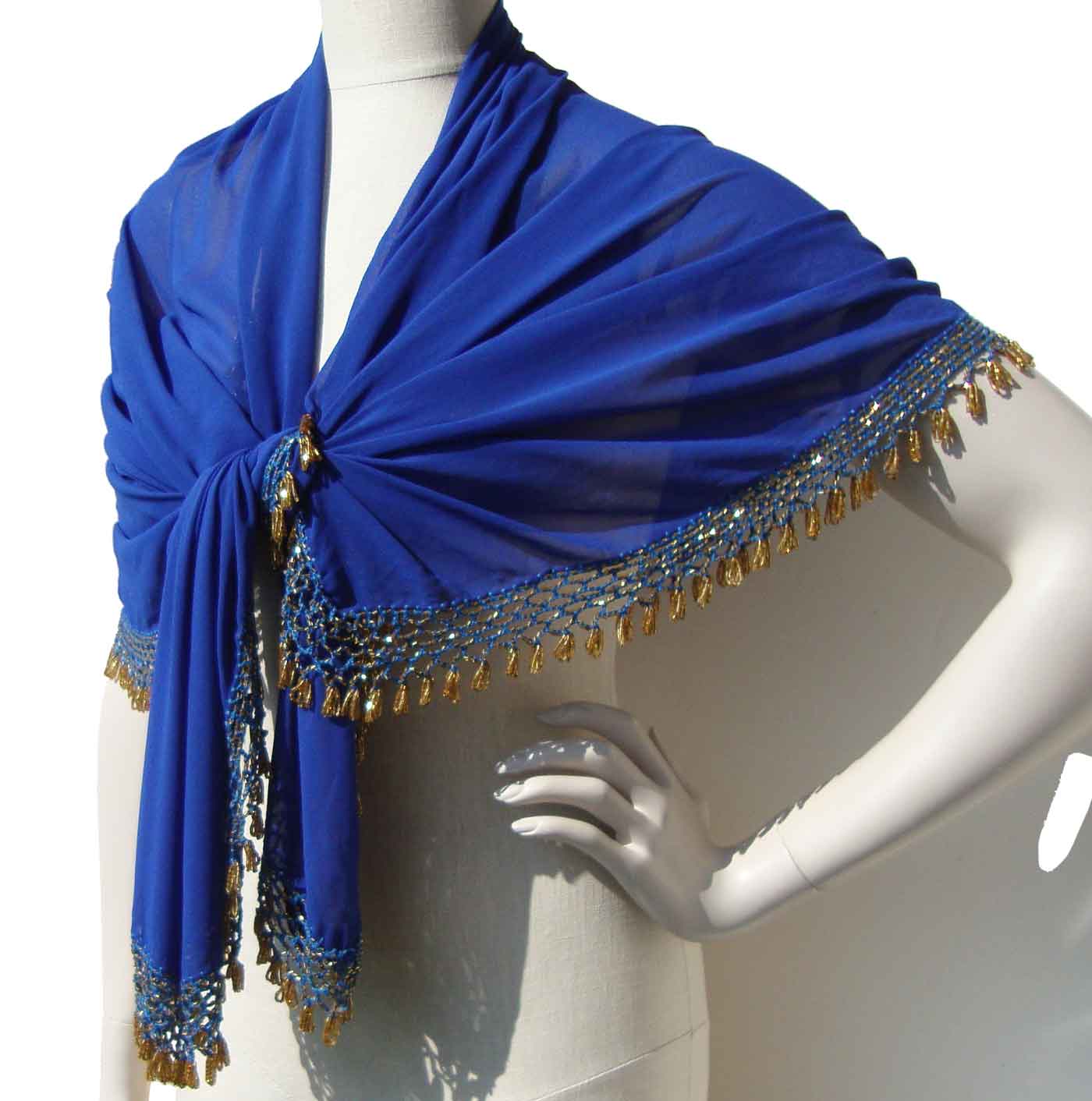Vintage Blue Shawl Egyptian Beaded Rayon Wrap - Iskandrea