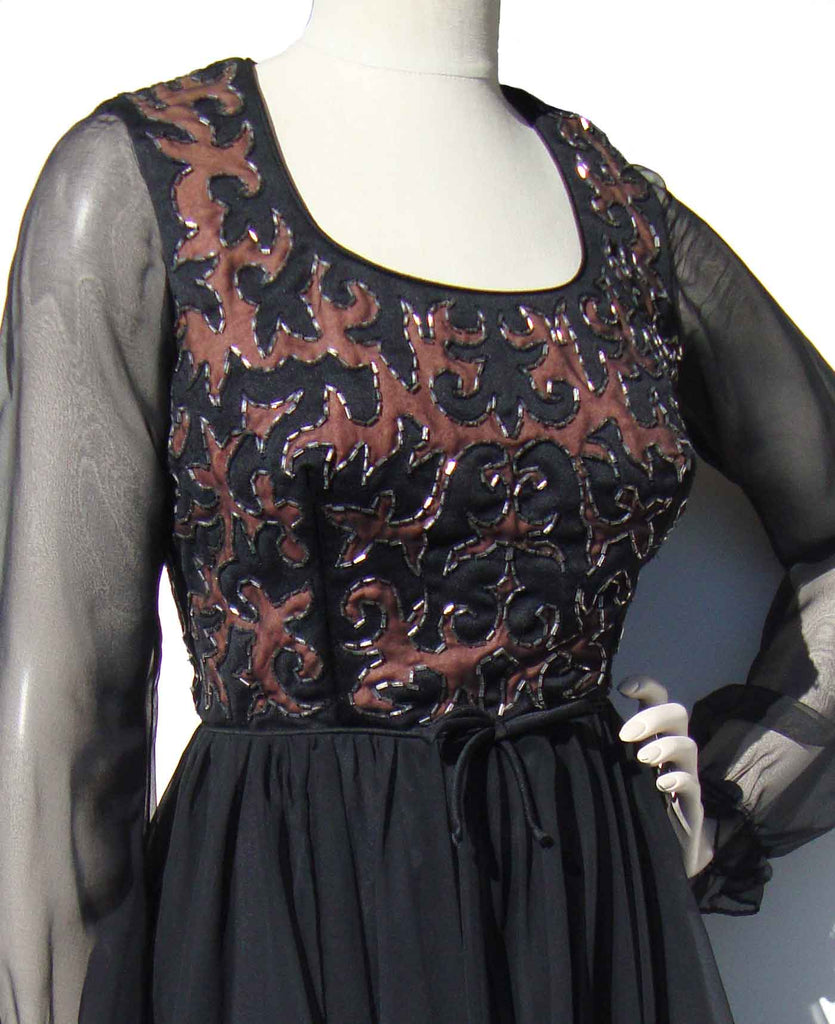 jack bryan dress designer Vintage 70s Jack Bryan Chartreuse Chiffon Maxi Dress & Beaded Lace Jacket Set XS