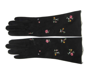 Vintage Black Suede Gloves Point de Beauvais Floral Embroidery