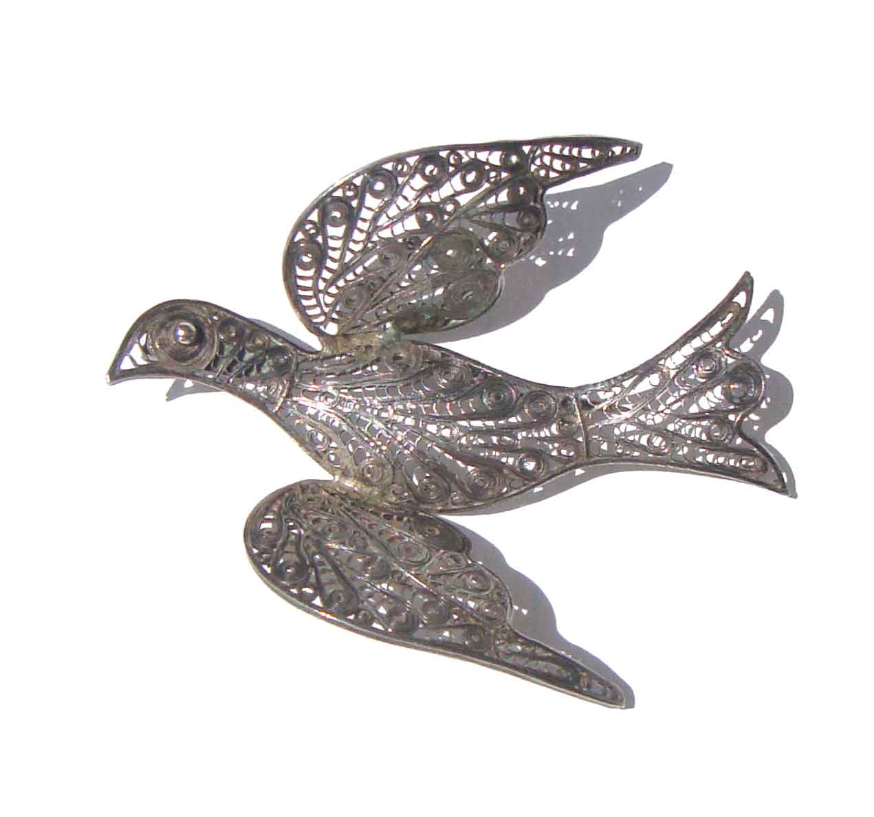 Vintage 40s Dove Brooch Sterling Silver Filigree Bird Pin