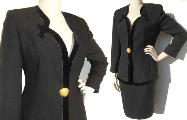 Vintage Alain Chabason Skirt Suit Black Wool & Velvet 2-Piece Set S