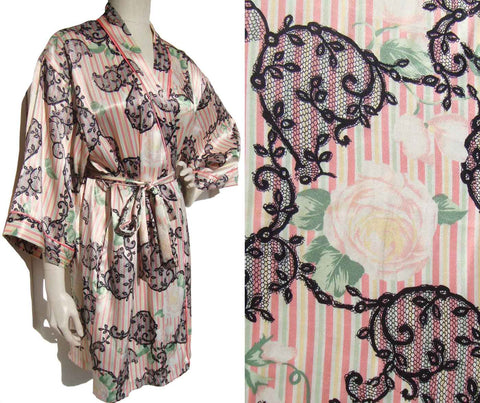 Vintage 80s Satin Robe Pink Rose & Black Lace Print Kimono M – by Josie