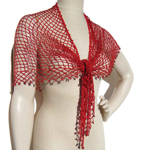 Vintage 80s Red Beaded Wrap Shawl Scarf