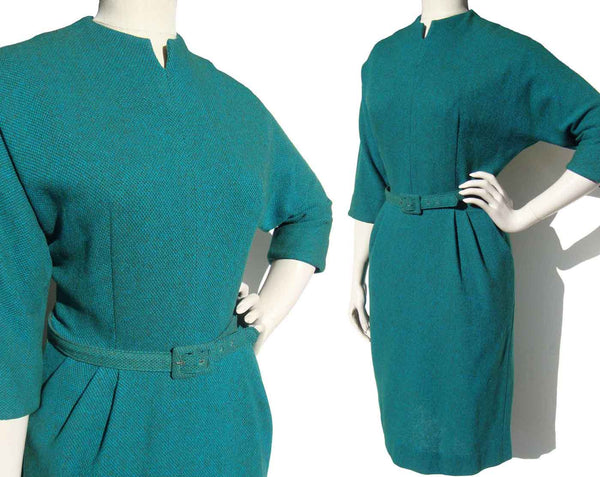 Vintage 60s Dress Teal Wool Knit M