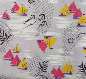 Vintage Art Deco Rayon Fabric Sailboat Novelty Print 1.7 Yds