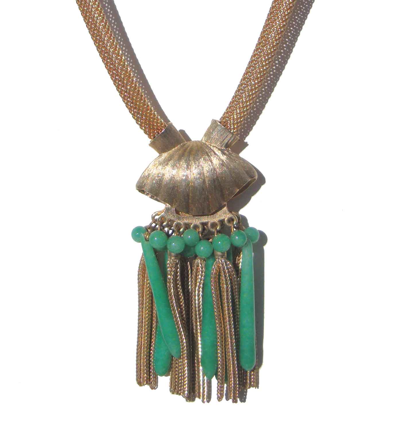 Vintage Jellyfish Necklace Green Peking Glass Fringed Tassels
