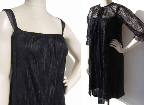 Vintage 80s Black Peignoir Nightgown & Lace Robe Set S / M