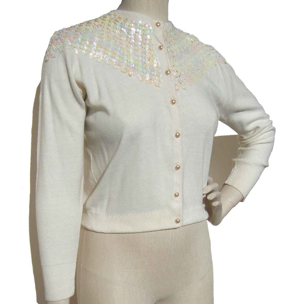Vintage 60s White Sweater Sequins & Orlon Cardigan 