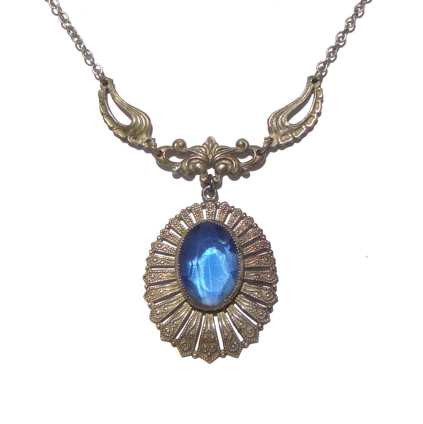 Vintage 30s Art Deco Necklace Blue Glass Bohemian Czech Pendant