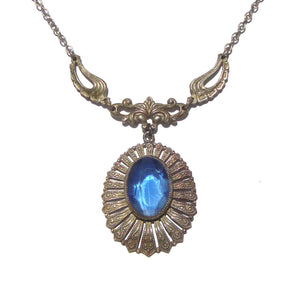 Vintage 30s Art Deco Necklace Blue Glass Bohemian Czech Pendant