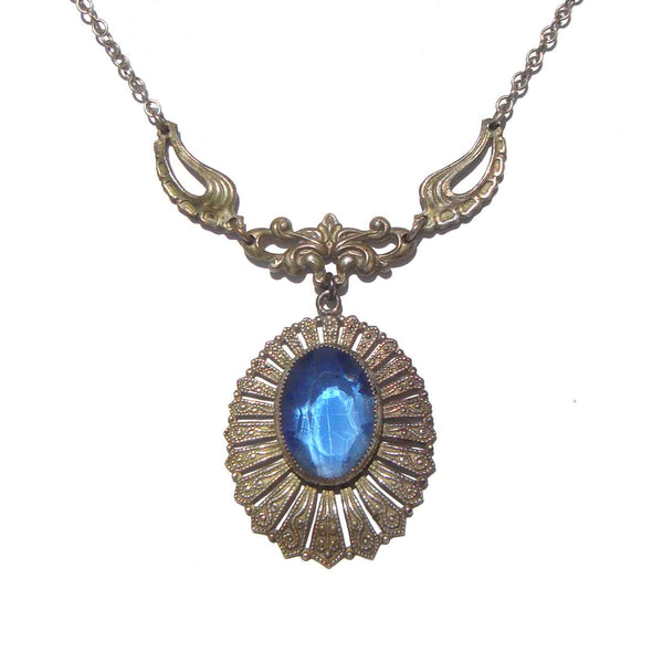 Vintage 30s Art Deco Necklace Blue Glass Bohemian Czech Pendant
