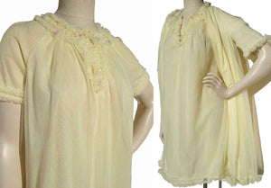 Vintage 60s Negligee St. Michael Yellow Chiffon Nightgown & Robe Lingerie Set S / M