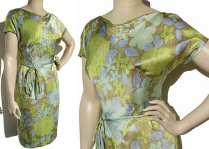 Vintage 60s Slimline Dress Green Blue Floral Satin M  