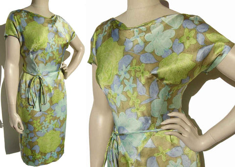 Vintage 60s Slimline Dress Green Blue Floral Satin M  