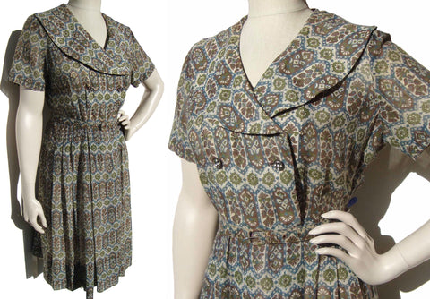 Vintage 50s Korell Dress Shirtwaist Cotton Mughal Print M / L