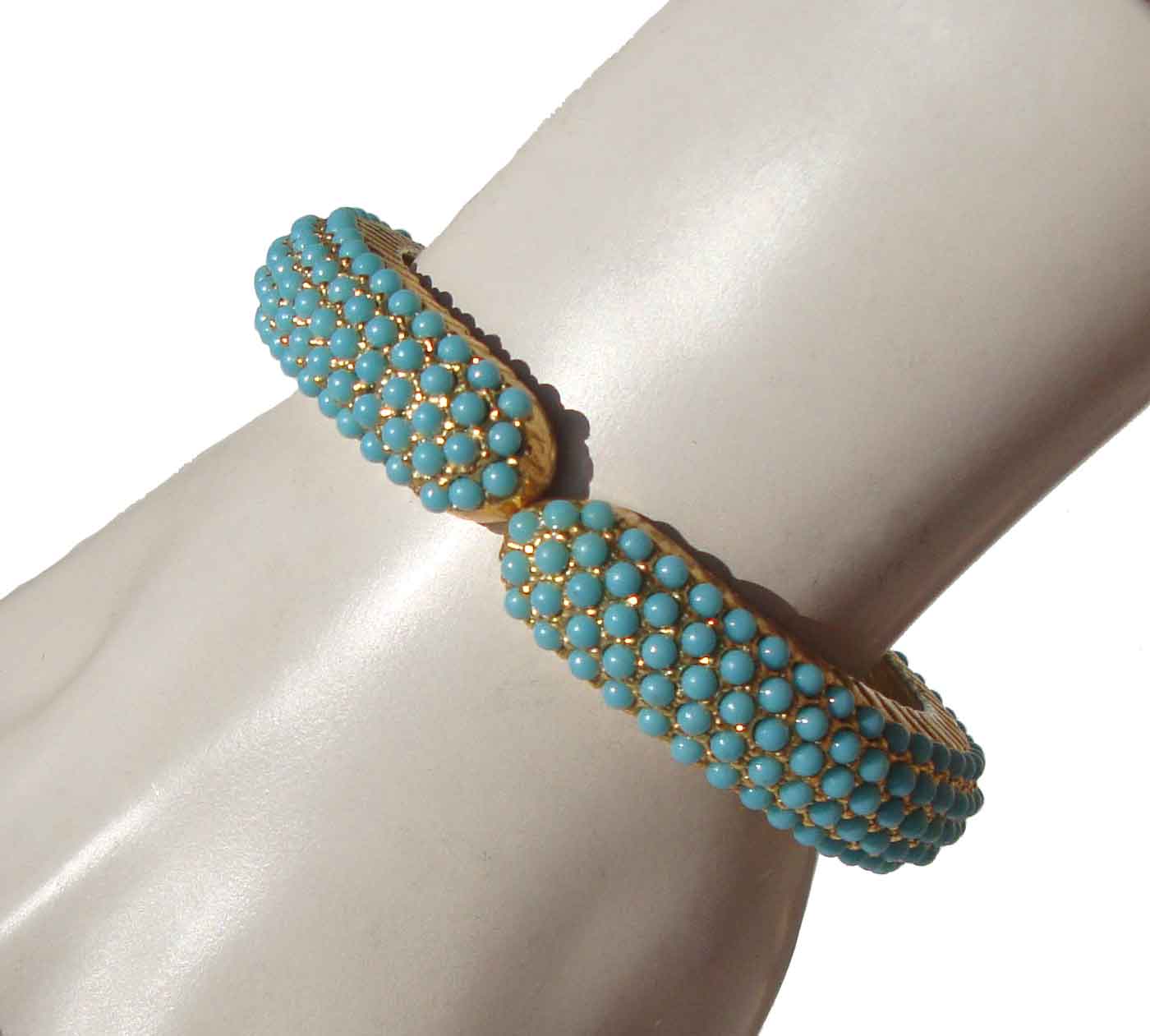 Vintage 60s Clamper Turquoise Ballotini Ball Beads Bracelet