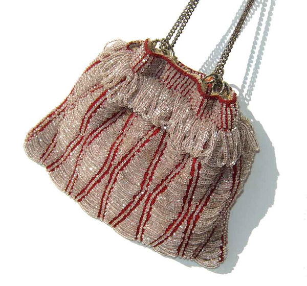 Antique 1920s Red Micro Beaded Purse Flapper Reticule Drawstring Bag