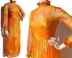 Vintage 70s Cocktail Dress Taffeta & Chiffon Orange Apricot Gown S 