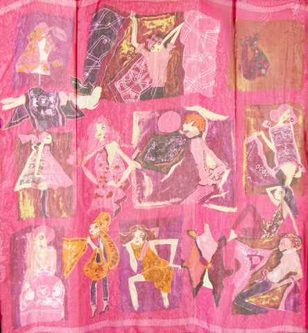 Vintage Pink Scarf & Wrap Fashion Models Novelty Print 53 x 53