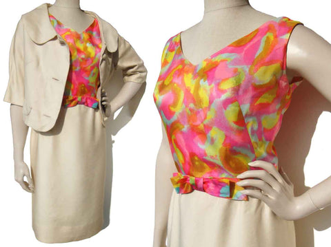 Vintage 60s Dress Suit & Jacket Cream & Floral Bodice Set