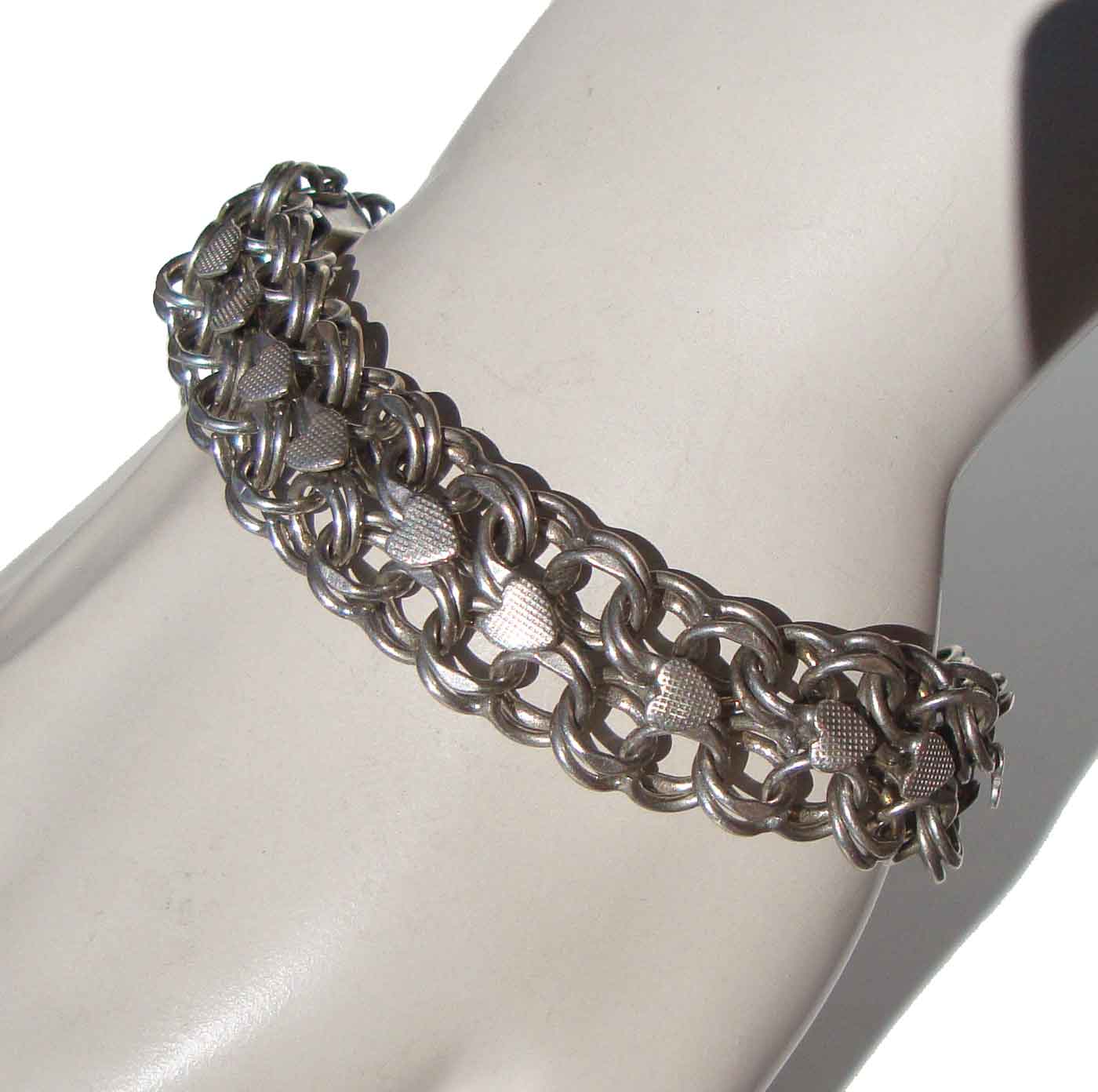 Vintage 50s Sterling Silver Bracelet Triple Link w/ Hearts