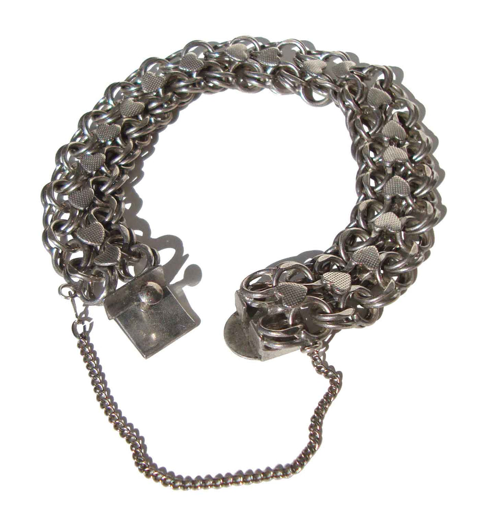 Vintage 50s Sterling Silver Bracelet Triple Link w/ Hearts