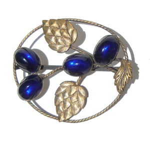 Art Deco Brooch Blue Glass Floral & Pine Cone Bohemian Pin