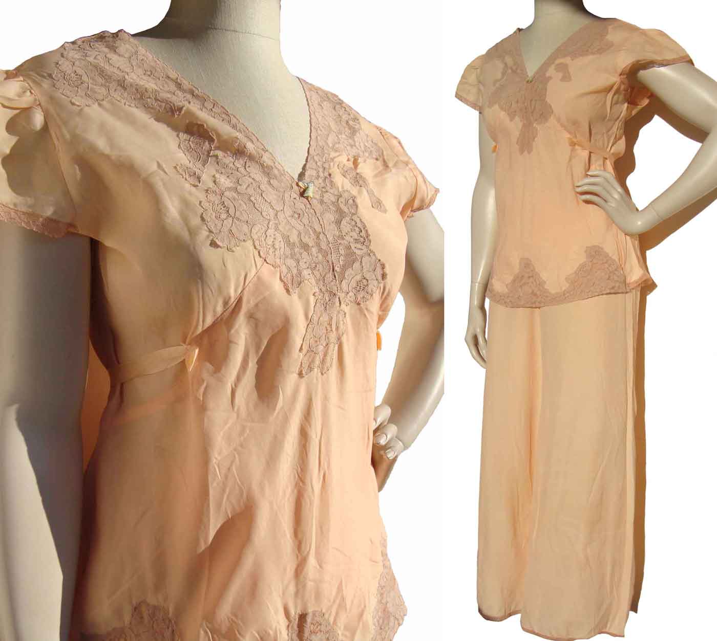 Vintage 30s Pajamas Peach Lingerie Top & High Waist Pants Set 