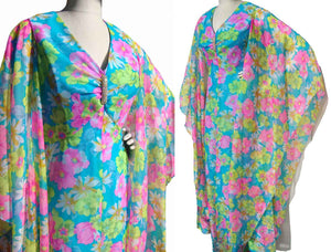 Vintage 70s Flower Dress Taffeta & Chiffon Kimono Sleeves Gown L