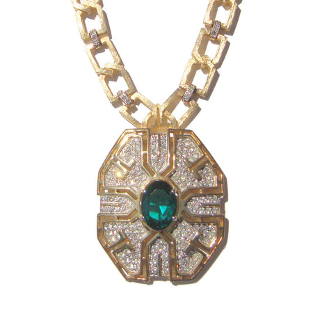 Vintage Polcini Necklace Green Emerald & Rhinestone Pendant