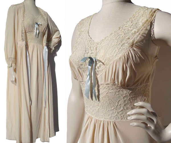Vintage 40s Peignoir Du Benay Rayon Nightgown & Robe Lingerie Sz 36