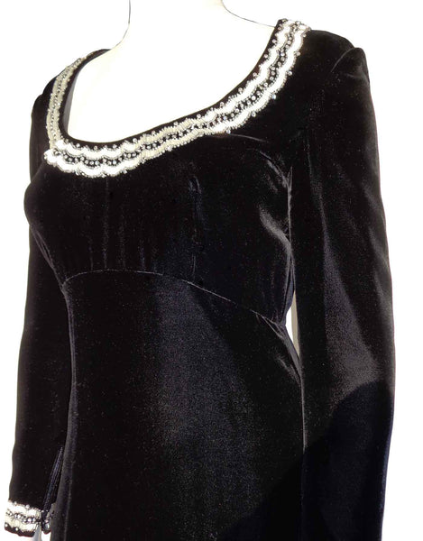 Vintage 60s Black Velvet & Rhinestone Beaded Evening Dress Gown S XS