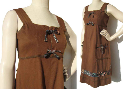 Vintage 60s Jumper Dress Mod Brown Corduroy