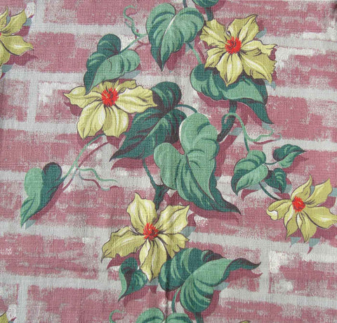 Vintage 40s Barkcloth Fabric Yellow Floral Red Brick Wall - 3 Yds