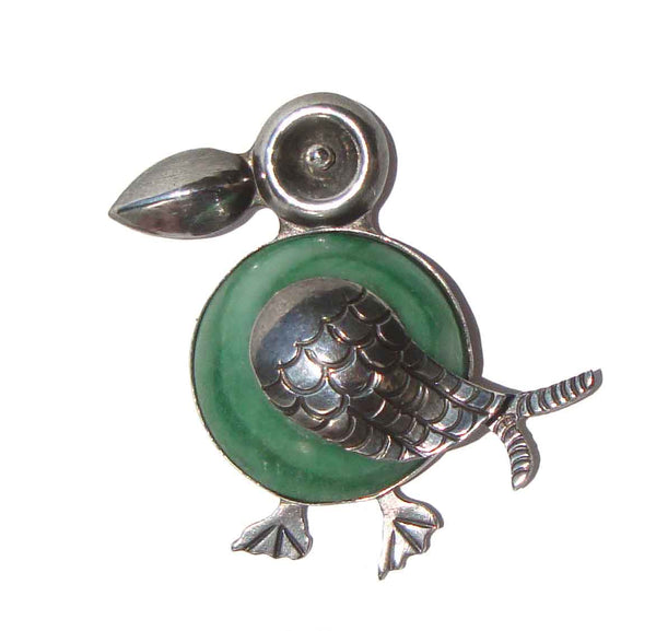 Vintage 40s Mexican Duck Brooch Sterling Silver & Faux Jade Pin