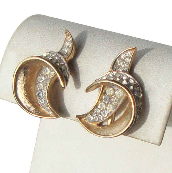 Vintage 60s Trifari Rhinestone Earrings Half Moon Clip Back