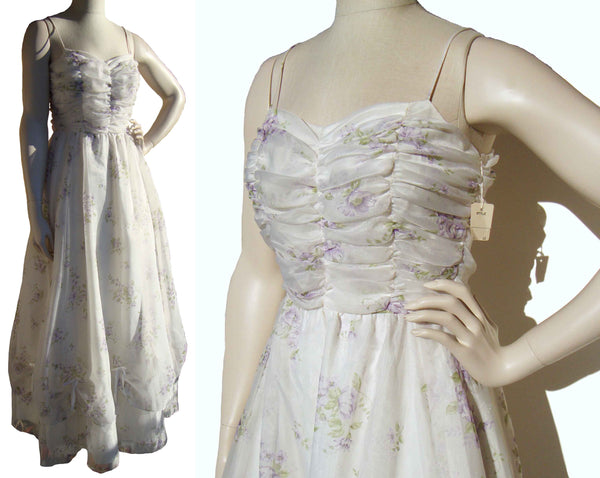 70s Dress Floral Chiffon Swag Skirt Gown w/Tag NOS