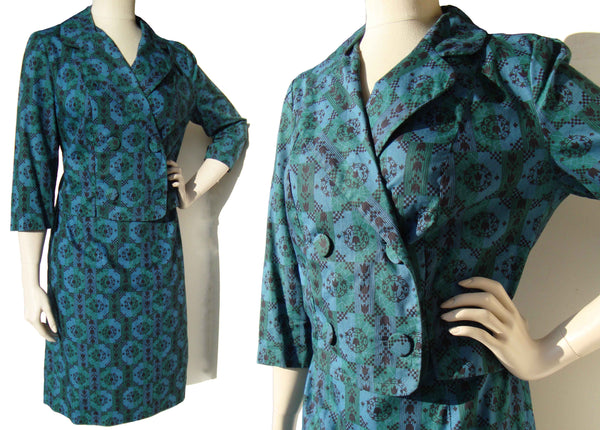 Vintage 50s 60s Ladies Skirt Suit Blue Green Jacket & Skirt M / L