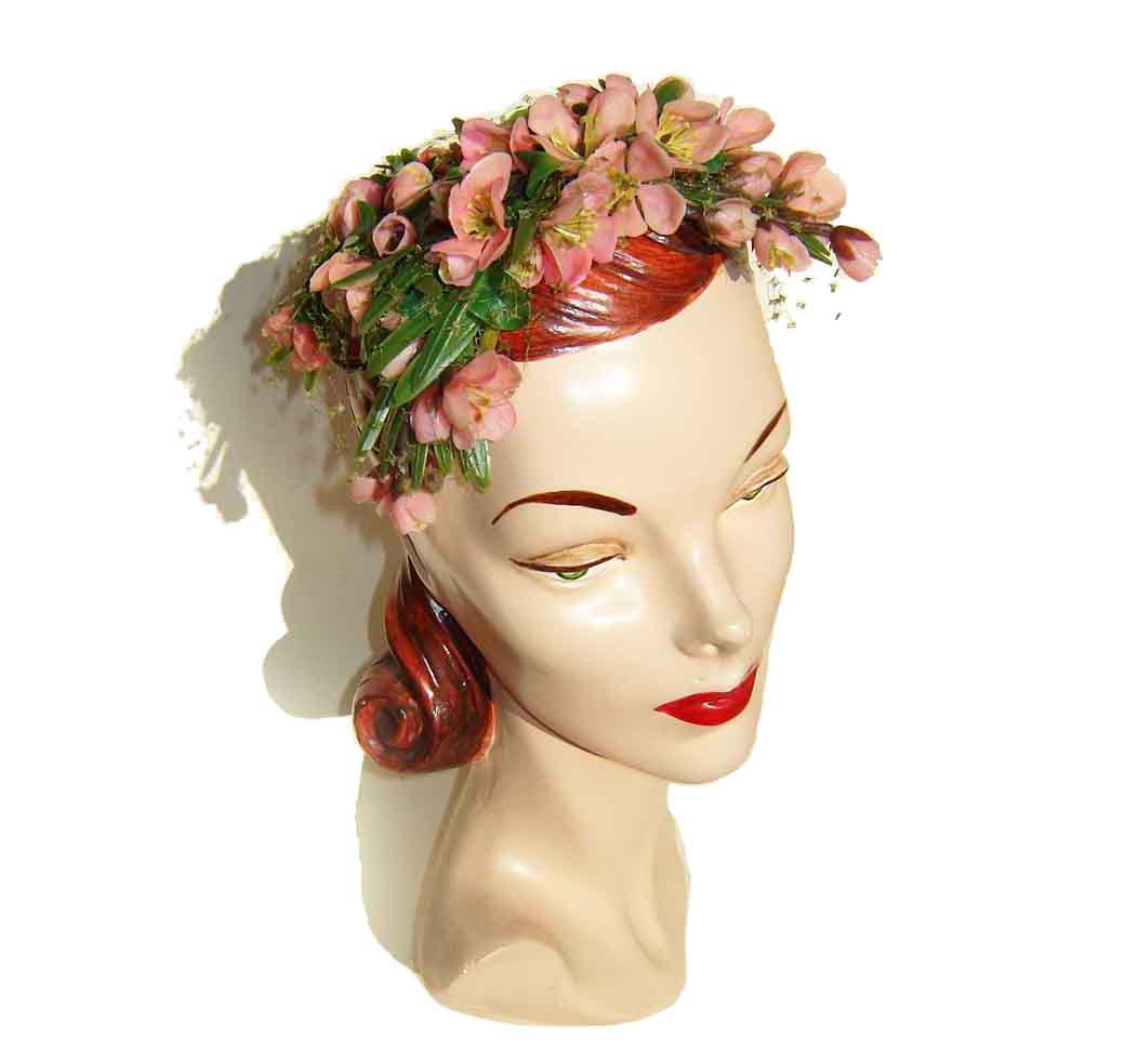 Vintage 50s Bes-Ben Hat Pink Dogwood Blossoms Floral Ladies Cocktail Cap
