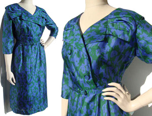 Vintage 60s Silk Dress Modernist Blue Green Deadstock w/ Tags – L